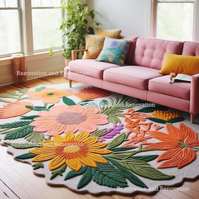Handmade Wool Floral Area Rug for Living Room | Elegant Flower Garden Design, Soft, Thick and Durable | Bedroom, Dining Room & Home Decor Carpet (4' x 6', Floral G)