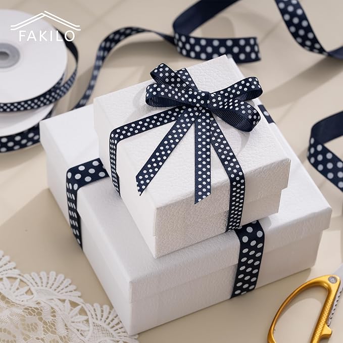 Polka Dot Grosgrain Ribbon 3/8 Inch, 25 Yards Spool Navy Blue and White Dot Craft Ribbon for Christmas Gift Wrapping DIY Crafts Hair Bows Wedding Party Decor Sewing and Home Decoration