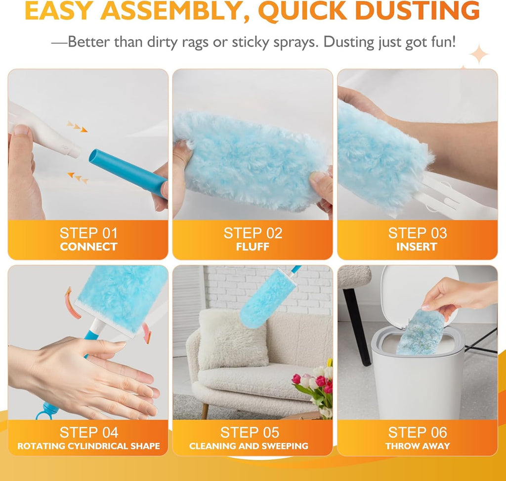 60ct 360° Heavy Duty Duster Refills Kit for Swiffer Duster, 4X Dust Capture Power with Microfiber, Disposable Feather Dusters for Cleaning Ceiling Fan, Cobweb, Car,1 Extended &1 Short Handle