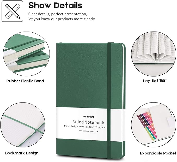 Huhuhero Notebooks Journal, Ruled Notebook, Premium Thick Paper Lined Journal, Black Hardcover Notebook for Office Home School Business Writing Note Taking Journaling, 5"×8.25" (5, Green)