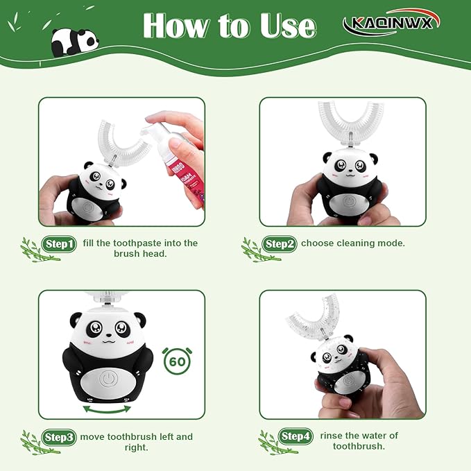 Kids U Shaped Electric Toothbrush for Age 2-12, Rechargeable Toddler Toothbrush with Smart Timer & 3 Clean Modes, Panda Design, IPX7 Waterproof, 3 Brush Heads & 360°Cleaning