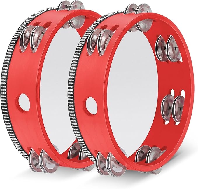 Flexzion Wood Handheld Tambourine (2 Pack) 8 Inch Double Row 12 Pair Jingles, Hand Held Percussion Drum Moon Musical Instrument with Metal Bell