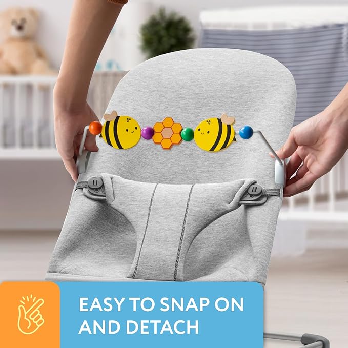 IMPRESA Wooden Baby Arch Toy Attachment Compatible with Baby Bjorn Bouncer - Medium Honey Bee - Bouncer Attachment Bar with Spinning Bee Toys - Stimulates Motor Skills & Hand-Eye Coordination