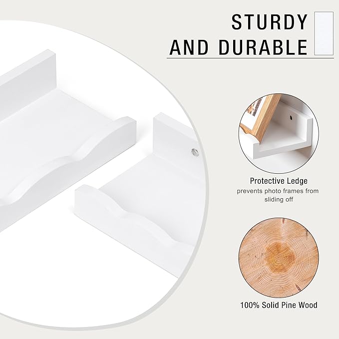 Fun Memories Picture Ledge Shelf for Wall, 48 inch Pine Wood Nursery Book Shelves Set of 2- Wall Book Shelves for Kids Room, Home Decor - Kitchen Spice-White
