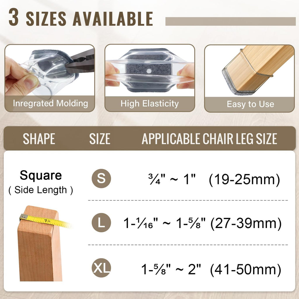 BUMACO Chair Leg Floor Protectors Square Chair Leg Protectors for Hardwood Floors Silicone Pads Covers to Protect Floors Clear-20 Pcs Square XL (1-5/8" to 2")