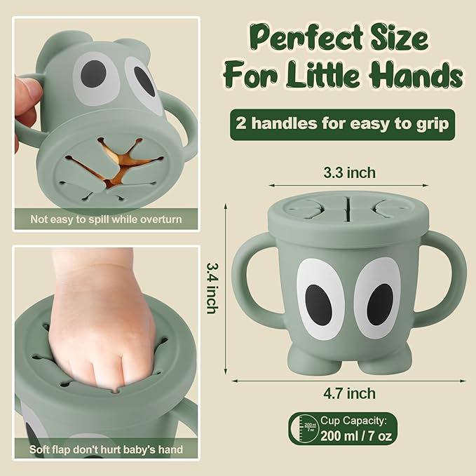 Silicone Snack Cups Food Container for Toddlers and Babies, Spill Proof Training Cup with Snack Cup Lid & Dust Proof Lid, Comes with a toy strap, Without BPA, Lead, or Phthalates (Beige & Pink)