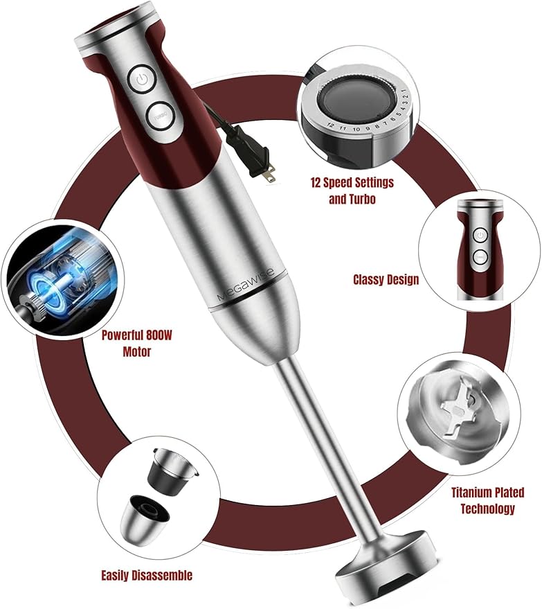 MegaWise Pro Titanium Reinforced 3-in-1 Immersion Corded Hand Blender, Powerful MOTOR with 80% Sharper Blades, 12-Speed Corded Blender, IncludingWhisk and Milk Frother (3-in 1 Red)