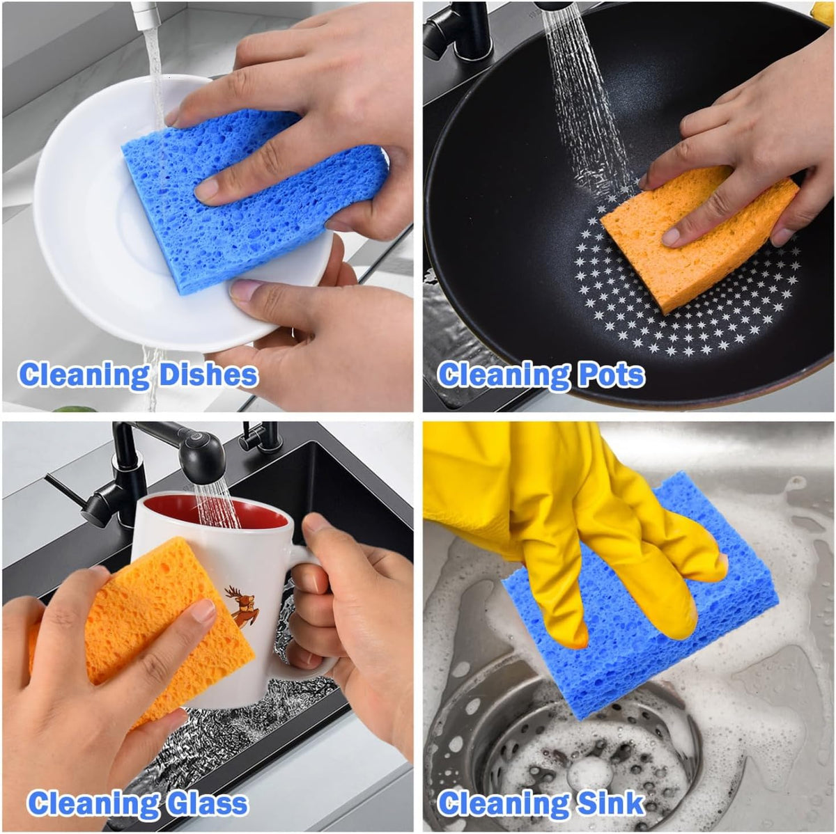 YoleShy 48 Pack Sponges Kitchen Natural Compressed Cellulose Sponges for Dishes Non Scratch for Household Cookware Bathroom Cars Soft Super Absorbent Reusable, Blue and Yellow
