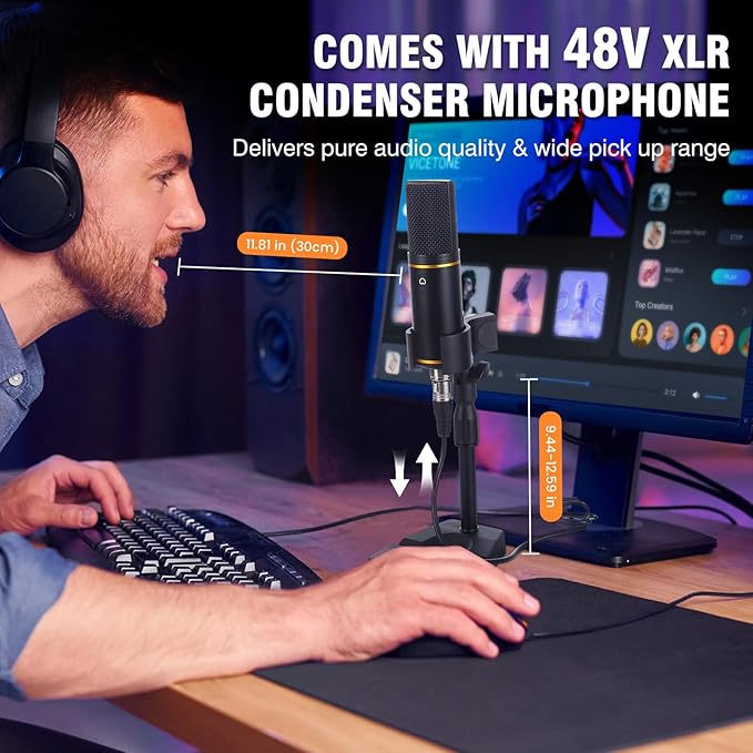 RHM Podcast Equipment Bundle with 48V Phantom Power & Condenser Microphone, 4 Customized Soundpads, 12 Preset Sound Effects, 4 Voice Changing Modes & LCD Display, for PC/Phone/Live Streaming