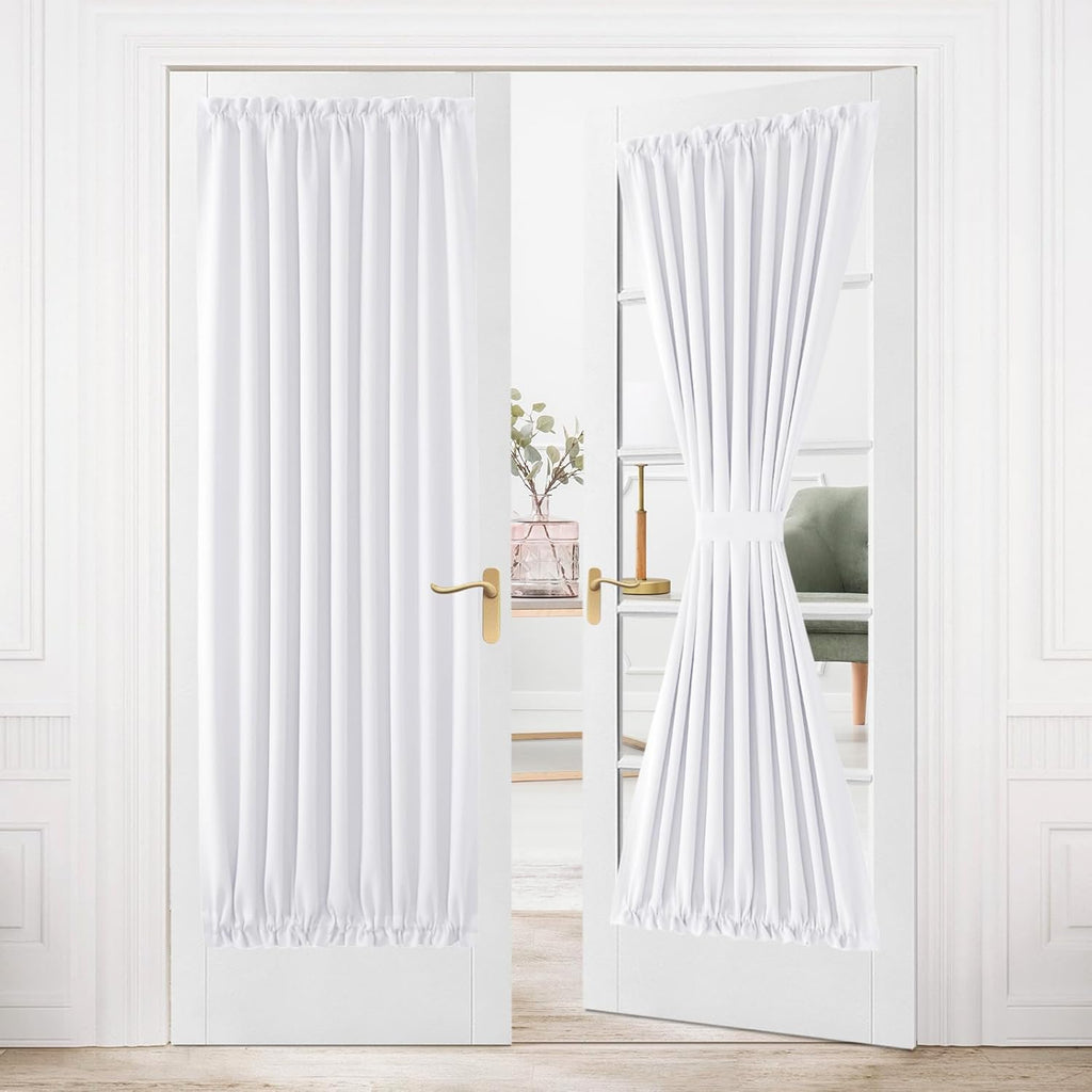 DWCN French Door Curtains – Rod Pocket Thermal Curtain for Doors with Glass Window, Kitchen and Patio Doors for Privacy, 36 X 80 Inches Long, 1 Curtain Panel with Tieback, Pure White