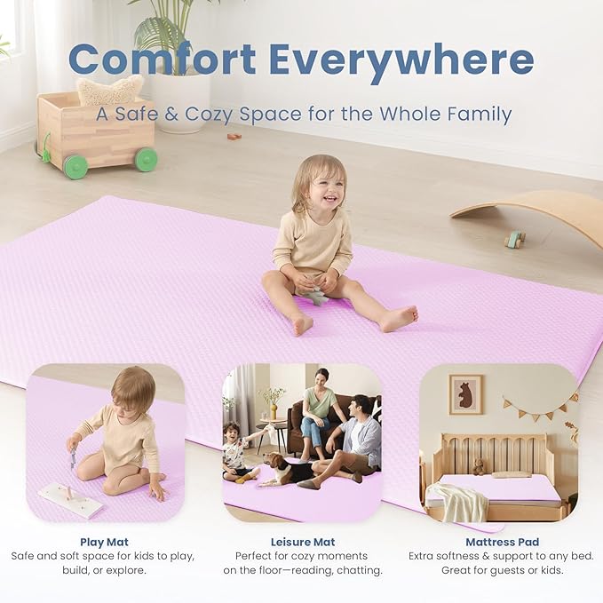 Baby Play Mat for Summer, 1.3 Thick Extra Large Memory Foam Cooling Floor Tummy Time Mat, Soft & Breathable, Non-Slip Rectangular for Toddlers’ Playtime & Rest(Pink,79"x118")