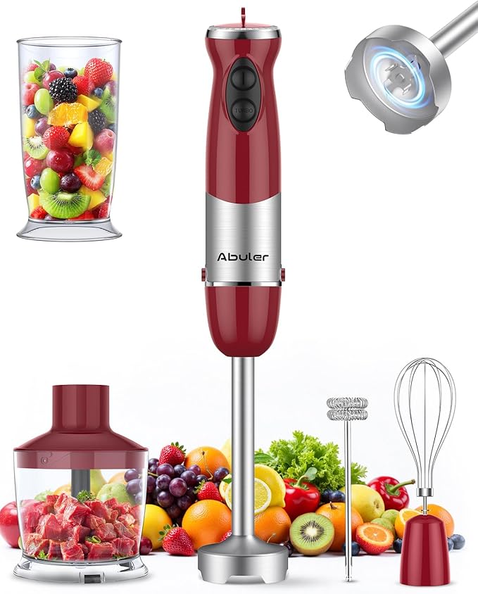 Immersion Blender Handheld 1000W 5 in 1 Corded Stick Hand Blender Kitchen with 12 Speed, BPA-Free, Mixing Beaker, Chopper, Whisk, Milk Frother, Perfect Emulsifier for Soup, Baby Food, Sauce, Puree