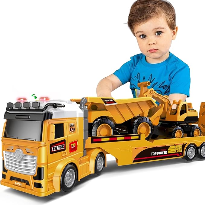 Toddler Boy Toys for Ages 3 4 5 6 7 8 Years Old, 25" Large Construction Carrier Truck Toy Excavator and Dump Truck, Friction Powered Vehicle with Lights & Sounds, Birthday Gift for Boys Girls