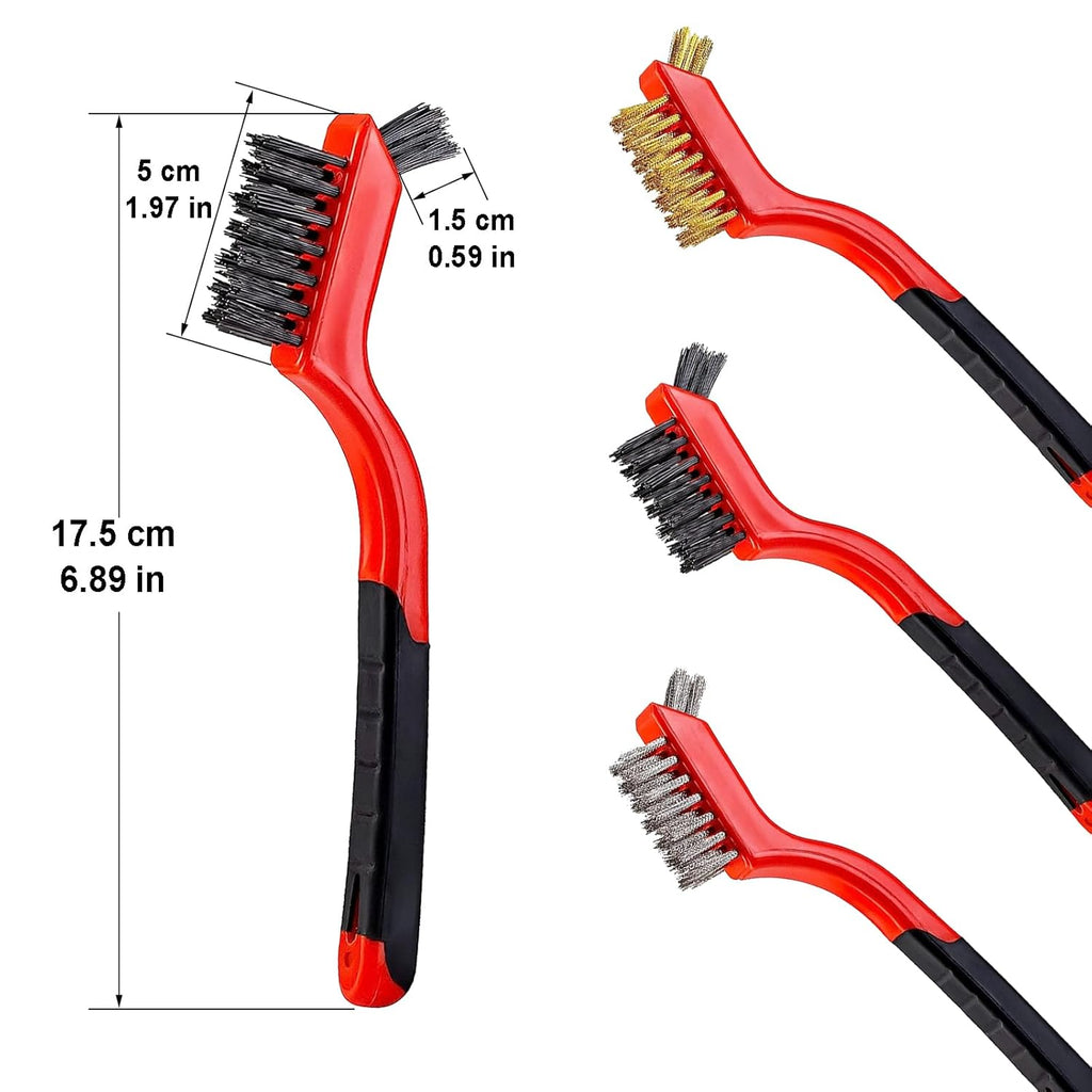 6Pcs Mini Wire Brush Set, Stainless Steel/Brass/Nylon Bristles Wire Brushes, Curved Handle Soft Grip for Rust, Dirt & Paint Scrubbing with Deep Cleaning – 7 Inches (Red)