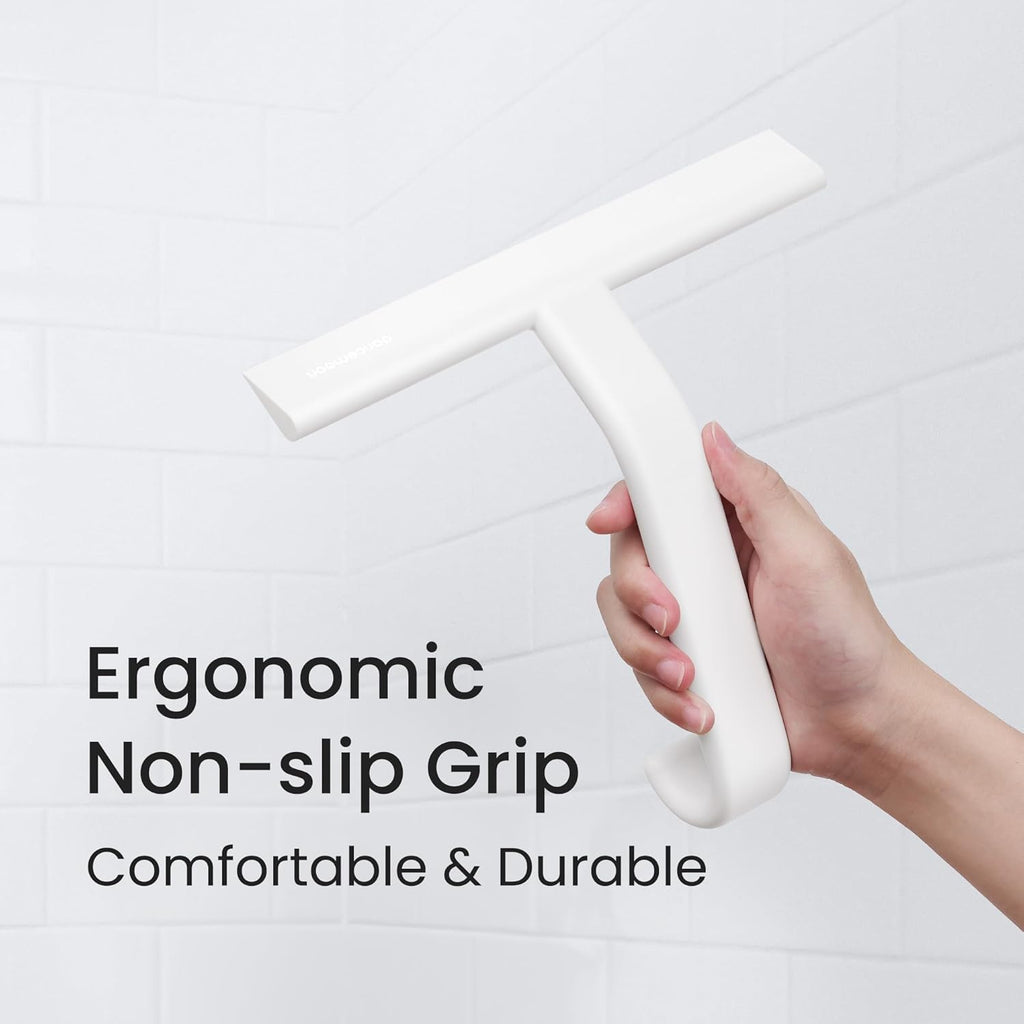 dancemoon JustHang Shower Squeegee for Glass Doors, All-One-Piece Silicone with Built-in Hook Design for Easy Hanging and Cleaning, 10 Inch White