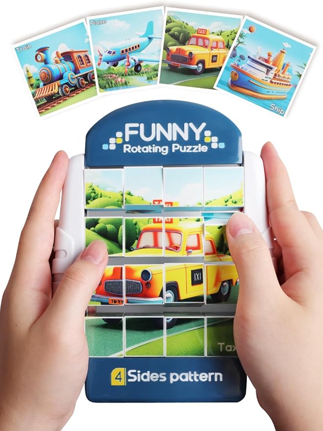 16-Piece Rotating Puzzles for Kids 4-6, Toddlers Puzzles 2-4, Road Trip, Airplane Activities Game, Travel Toys - Brain Teaser, Fine Motor Skills, Birthday Gifts Boys & Girls - Transportation