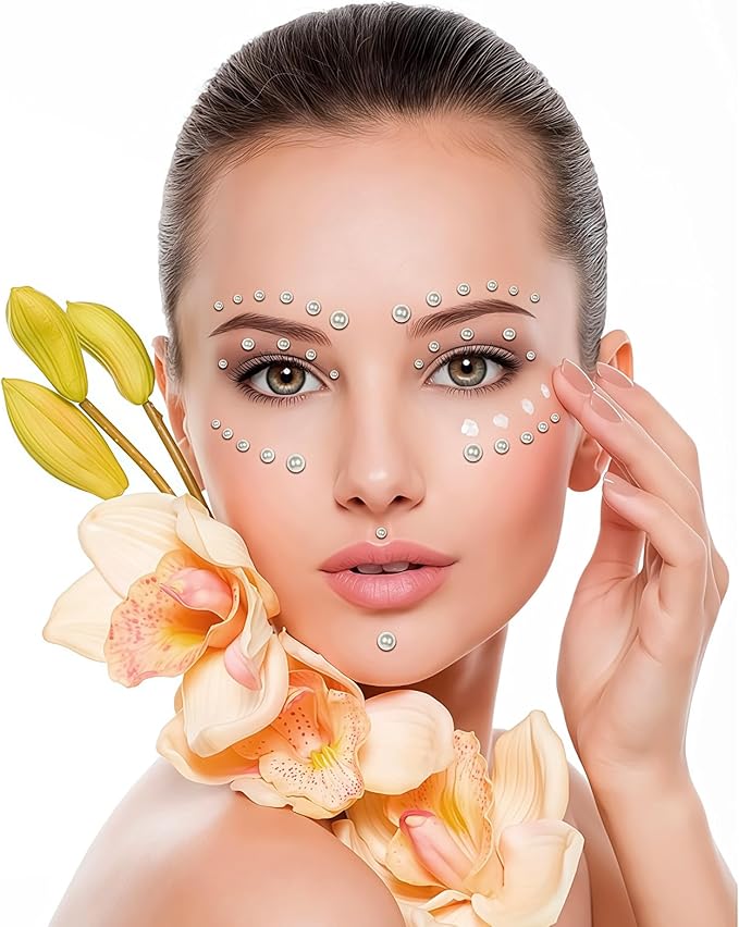 Self Adhesive Face Gems and Pearls for Makeup, Festival Jewels, Hair Gems Pearls, 3/4/5/6/8 mm Round Rhinestone Stickers for Face, Eye, Makeup, Body, Crafts 591Pcs (04_White Pearl)