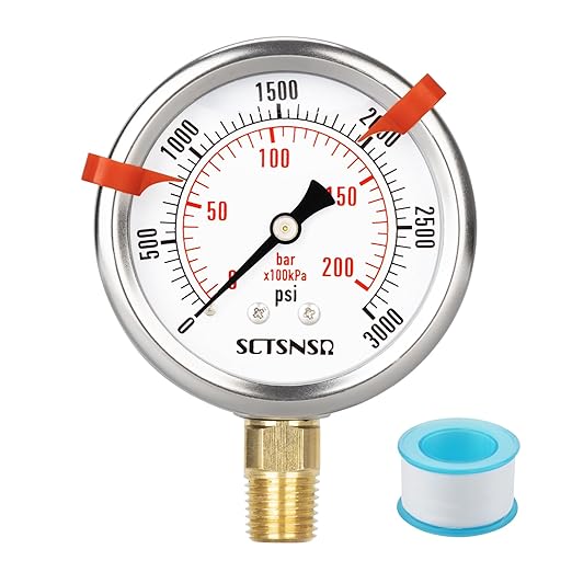 0 to 3000 Psi Pressure Gauge, Glycerin Liquid Filled, 2.5 inch Dial, 1/4" NPT Lower Mount, Stainless Steel Case, for Regulator, Brew Setup, Beer, Kombucha, HVAC, Hydraulic, High Pressure Test