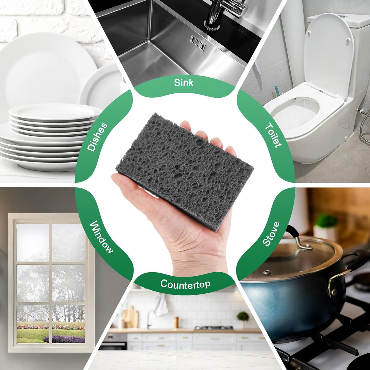6-Pack Kitchen Sponges, Condense Eco Cellulose Non-Scratch Scrub Heavy Sponge for Kitchen/Household/Bathroom, Clean Tough Messes Dish Scrubber [Black]