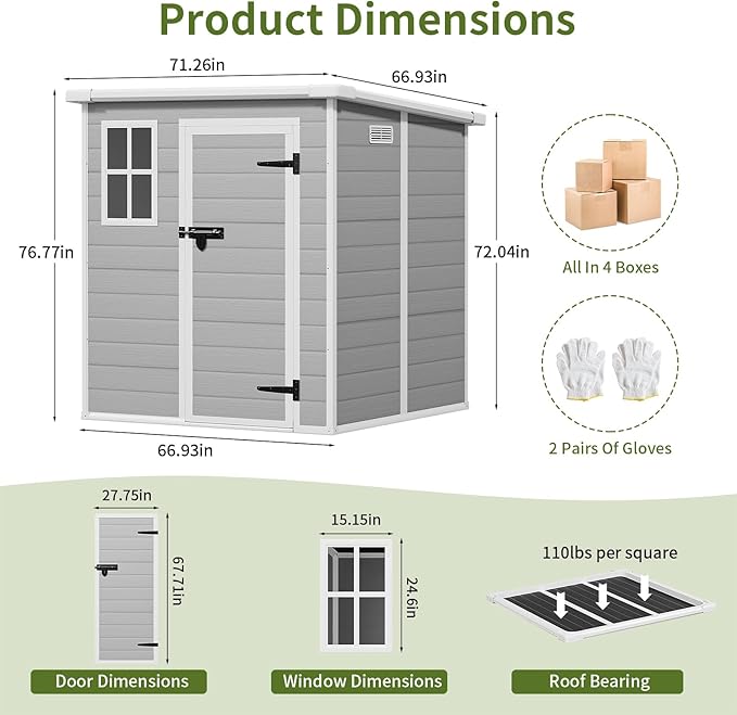 6x6 FT Grey Resin Garden Storage Shed - Waterproof Outdoor Storage with Floor, Lockable Door, Window & Vents - All-Weather PP Plastic Shed for Backyard, Patio, Bikes, Tools & Seasonal Gear