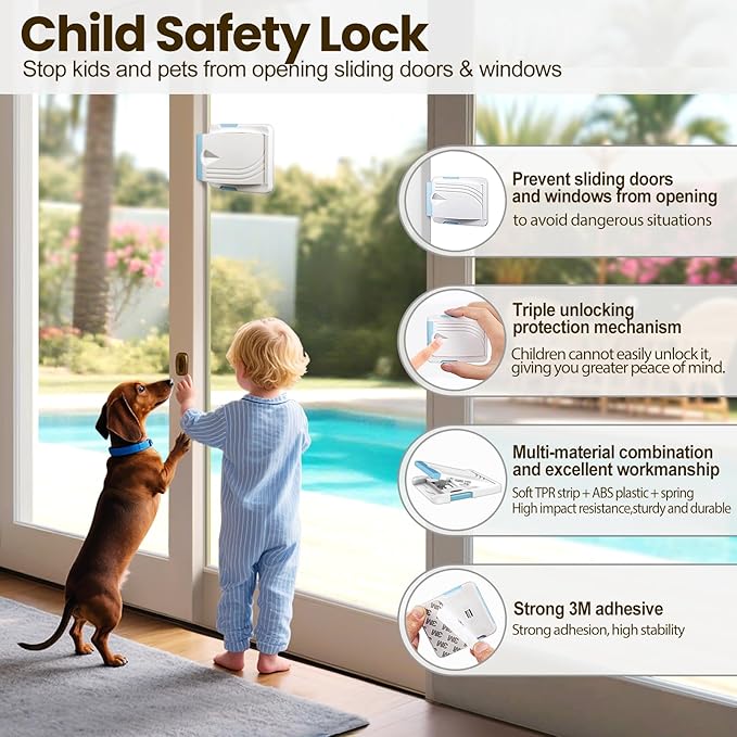 Sliding Door Lock 2 Pack, Child Safety Lock For Sliding Glass Doors, Easy To Install, Keeps Your Baby Out Of Danger, For Sliding Glass Doors, Sliding Windows, Sliding Closets, Etc (Blue)