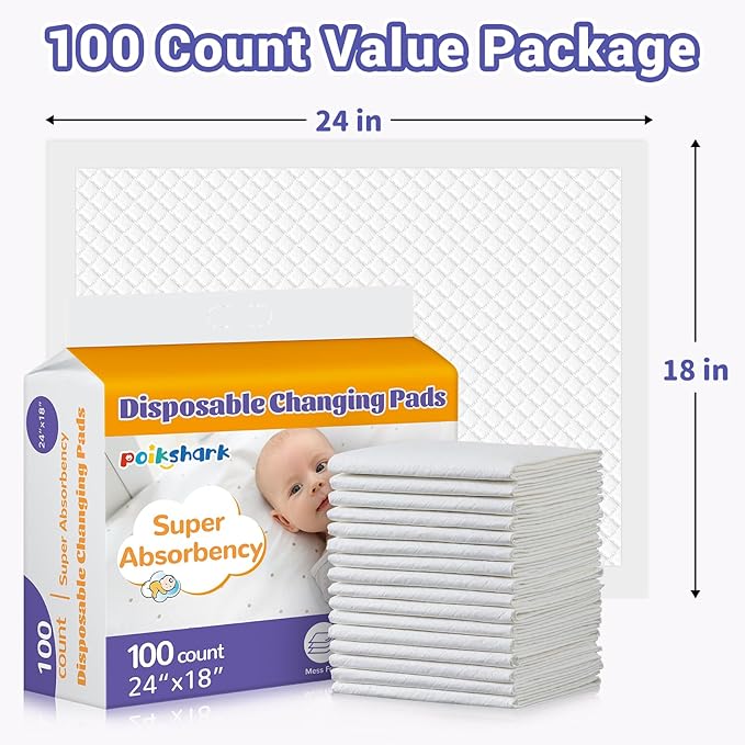 100 Pack Disposable Changing Pads for Baby [24" x 18"] Super Absorbency Disposable Underpads Large Bed Pads Absorbent Fluff Protective Table Pads Disposable Diaper Changing Pads, Leakproof