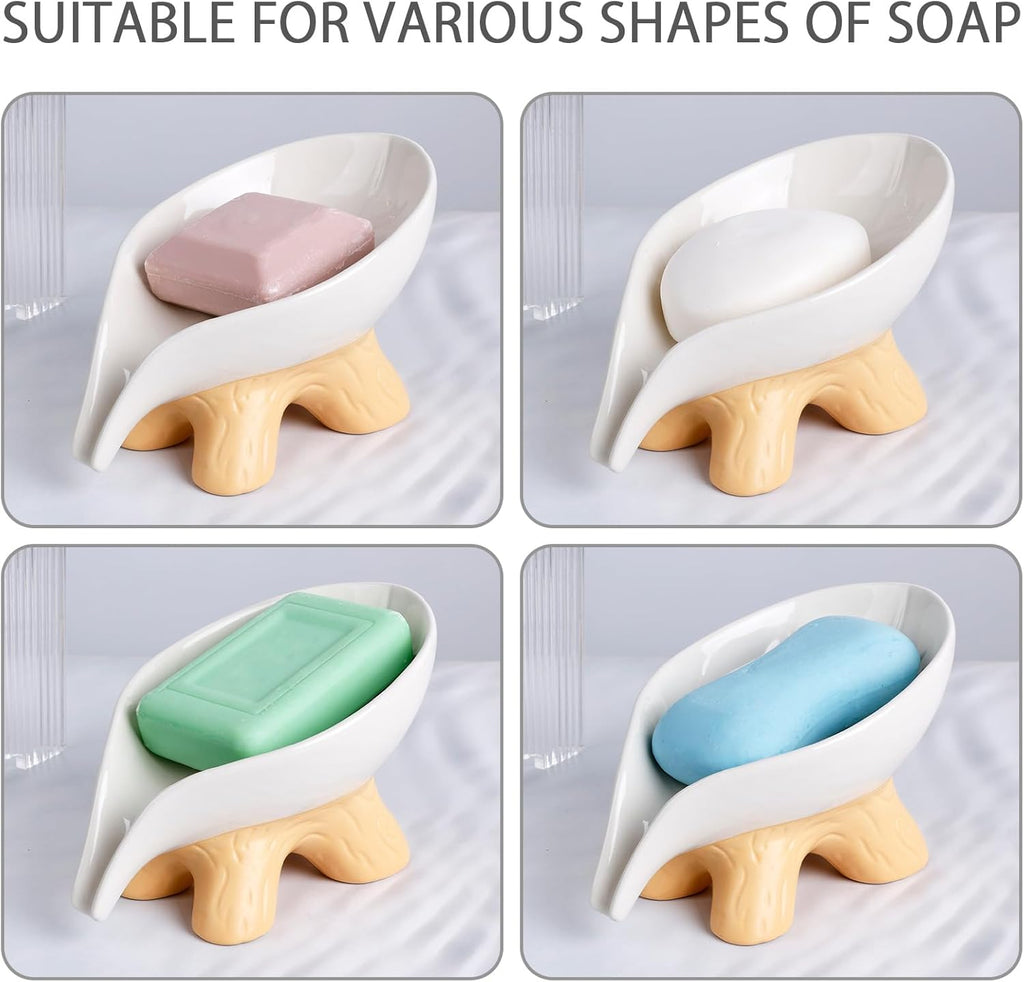 Soap Dish, Soap Holder Self Draining Leaf Shape Soap Dishes, Ceramic Draining Soap Dish for Bathroom Shower, White Farmhouse Soap Holder with Stump, ANTIS'S HOME