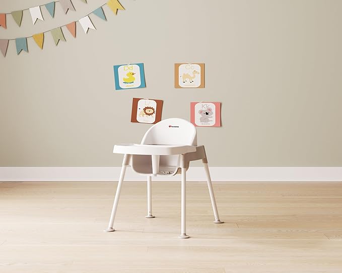 Foundations Secure Sitter 13" Feeding Chair, Stable “No Tip” Feet, 3-Point Adjustable Harness, Removable Tray, Easy to Clean, Smooth Plastic (White/Tan)