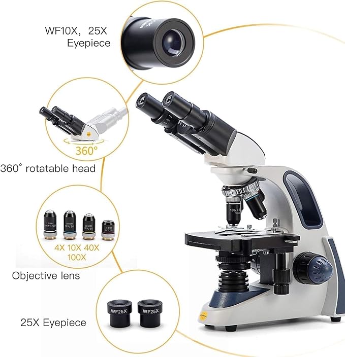 SWIFT SW380B Binocular Compound Microscope,40X-2500X with 1.3MP Camera,100pcs Microscope Slides,Microscope Kit for Students School Lab