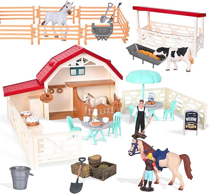 Horse Club Riding Arena 71-Piece, Horse Stable Toys Playset, Farmmer Figures,Farm Animal Figurine, Coffee Shop, Barn with Fence Toys for 3-7 Years Old Kids Boys Girls Toddlers