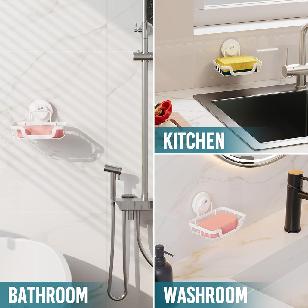 TAILI Soap Holder Bar Dish Suction Cup, Bar Shampoo Rack for Shower Wall, Draining Soap Saver Tray for Bathroom, Rustproof Stainless Steel Sponge Holder for Tub, Kitchen, Drill-Free, White