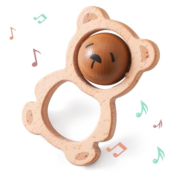 Wooden Baby Rattle Toys, Newborn Rattle Toys 0-12 Months Handmade Baby Clutching Toys | Natural Wooden Baby Teething Toys | Baby Shower/Birthday Gifts (Cute Bear Rattle)