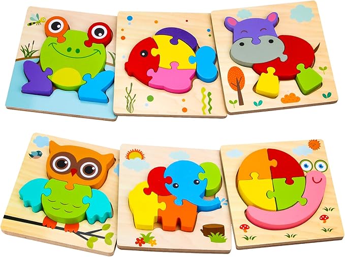 SKYFIELD Wooden Animal Puzzles for 1 2 3 Years Old Boys Girls, Toddler Educational Developmental Toys Gift with 6 Animals Baby Montessori Color Shapes Learning Puzzles