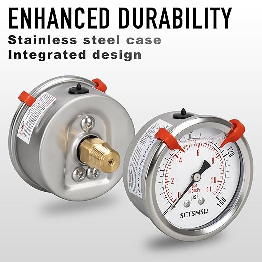 0 to 160 Psi Pressure Gauge, Glycerin Liquid Filled, 2.5 inch Dial, 1/4" NPT Back Mount, Stainless Steel Case, for Air Compressor, Well Pump, Water, RV, Tire, CO2, Pipe, Gas, Pressure Test