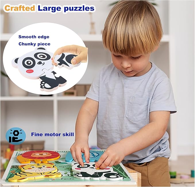 Zoo Safari Animal Toddler Puzzles Ages 1-3, Wooden Puzzles for Toddlers 2-4, Fun Educational Toys for 18-36 Months Baby,Crafted Wood Birthday Gifts for 24+ Month Little Girls Boys