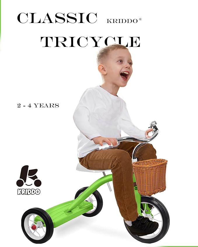 KRIDDO Classic All Metal Toddler Trike, Gift for Boys and Girls Ages 2 to 4 Year Old, Tricycle for 1 to 3 Year Olds, Sturdy Rear Deck, Deluxe Steer and Ergonomics Grip, Indoor and Outdoor, Green