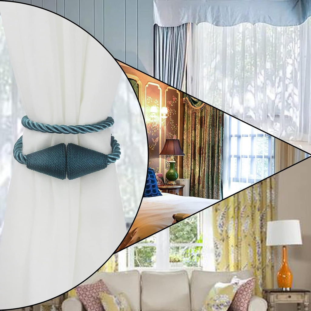 4 Pack Magnetic Curtain Tiebacks Rope Modern Handmade Curtain Tie Backs Decorative Drapes Weave Holdbacks for Window Décor, Blue