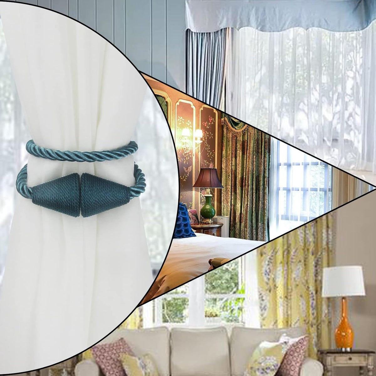 6 Pack Magnetic Curtain Tiebacks Rope Modern Handmade Curtain Tie Backs Decorative Drapes Weave Holdbacks for Window Décor, Blue