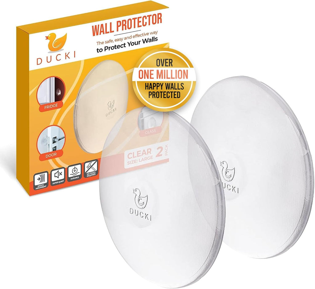 Ducki Door Stop Wall Protector | Self Adhesive Door Knob Wall Protectors from Door Knobs | Rubber Door Stoppers for Wall Damage & Noise | Durable, Shock Absorbent & Discreet | 2 Pack Clear Door Stops
