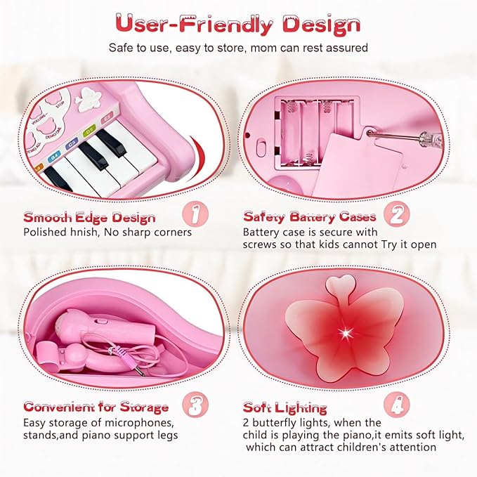 Love&Mini Pink Piano Toys for 1+Years Old Girls First Birthday Gifts Toddler Piano Music Toy Instruments with 24 Keys and Microphone