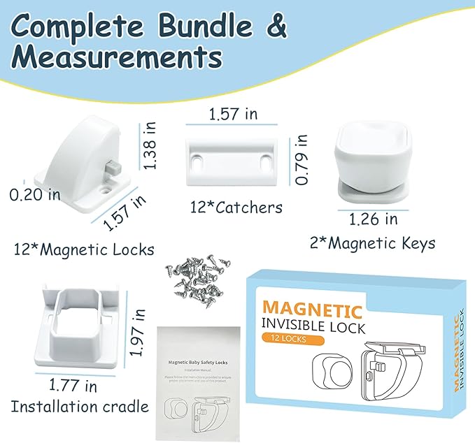 12 Pack Magnetic Cabinet Locks Baby Safety Child Proofing Invisible Locks No Drill Easy Installation for Cabinets Drawers Doors