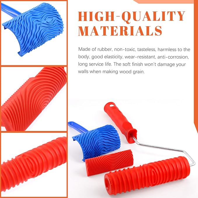 Tanstic 4Pcs Wood Graining Painting Tool Set, Red Blue Rubber Wood Grain Tool and Rubber Empaistic Wood Texture Pattern Roller with Handle for Wall Floor Furniture DIY Room Decoration