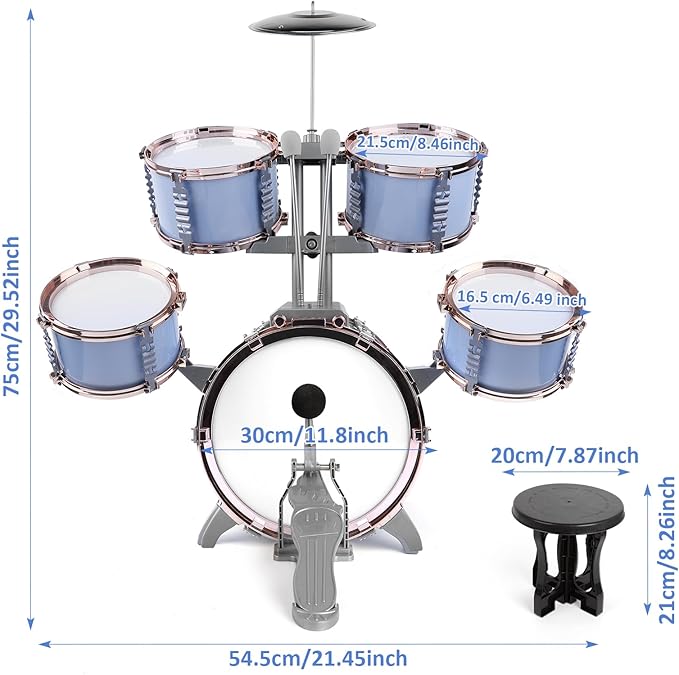 M SANMERSEN Kids Jazz Drum Set - 5 Drums with Stool - Rock Jazz Drum Kit - Musical Enlightenment Educational Toys Gift for Boys Girls