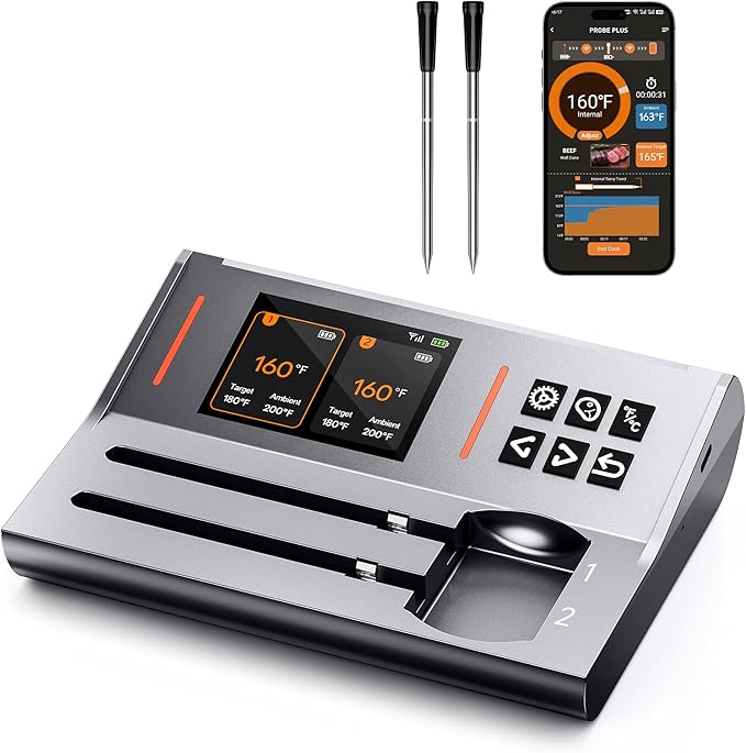 Wireless Meat Thermometer 2 Probes, Bluetooth Smart Meat Thermometer Digital Wireless Remote Tracking and Real-Time Readings, Standalone Base & Thinnest Probe, iOS and Android, for Grill, BBQ, Smoker