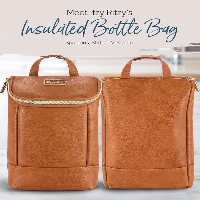 Itzy Ritzy Insulated Bottle Bag – Keeps Bottles Warm or Cool - Holds 3 Bottles & Features Interior Pocket for Ice Pack (Not Included), Cognac