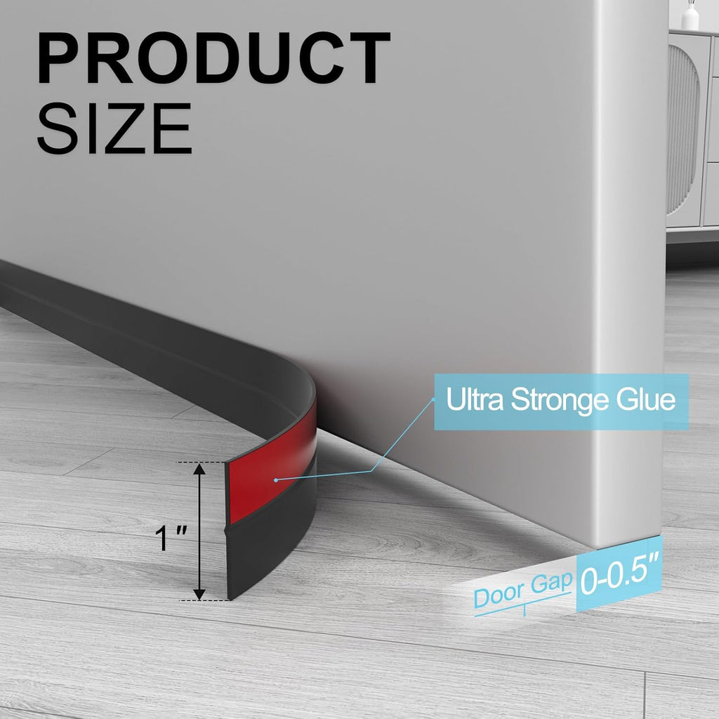 Heavy-Duty 20 ft x 1 in Weather Stripping, Door Draft Stopper Silicone Seal Strip for House and Glass Shower Doors for Collision and Side Gaps of Door and Windows, Black