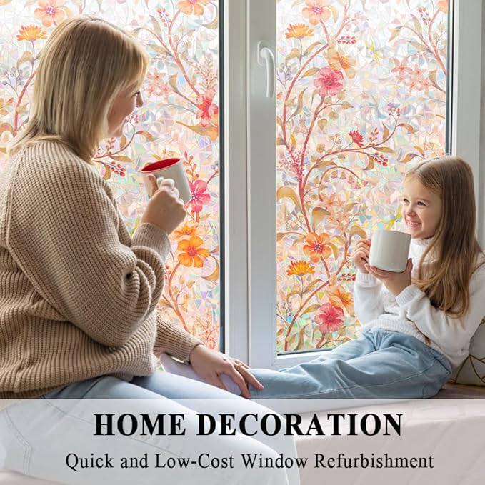 Stained Glass Window Film Static Cling Door Privacy Film Decorative Flowers Red Leaves Window Decals Stickers Heat Control Anti UV for Home and Office,35 inches by 78.7 inches