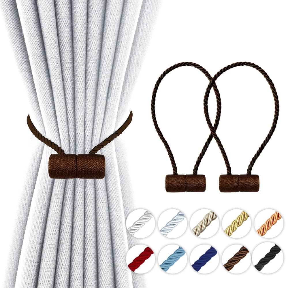 18 Inch Strong Magnetic Curtain Tiebacks, Curtain Holdbacks Modern Upgrade Strong 2021 New Twisted Style Decorative Drapery Rope Tie Backs(2 Pack Dark Coffee)