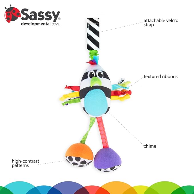 Sassy Boppin’ Birdie | Developmental Plush Toy for Early Learning | High Contrast | Attaches to Baby Gear for Travel | for Ages Newborn and Up (80660)