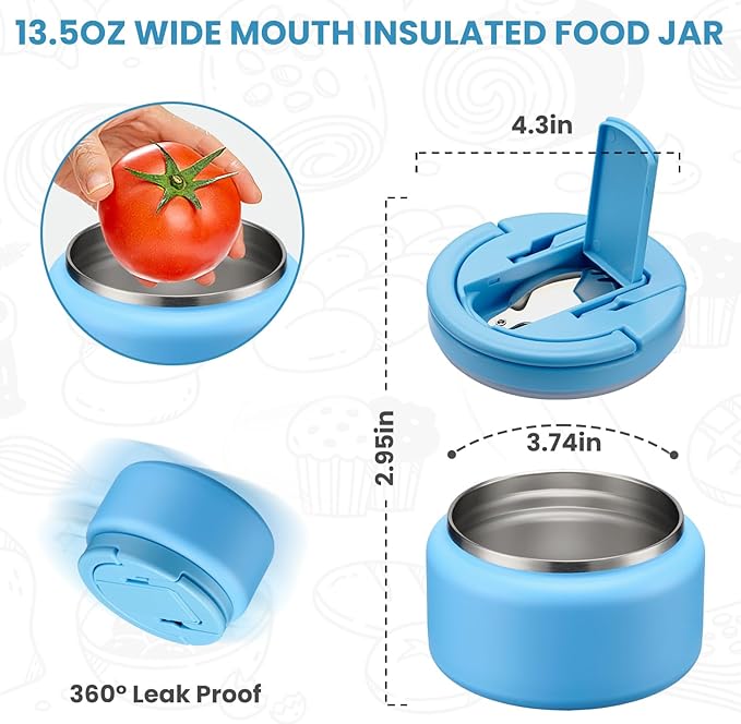 Soup Thermo for Hot Food Kids 13.5oz Lunch Containers with Buckle Lid Wide Mouth Hot Food Jar Vacuum Insulated Stainless Steel Bento Box Leakproof with Spoon(Blue)